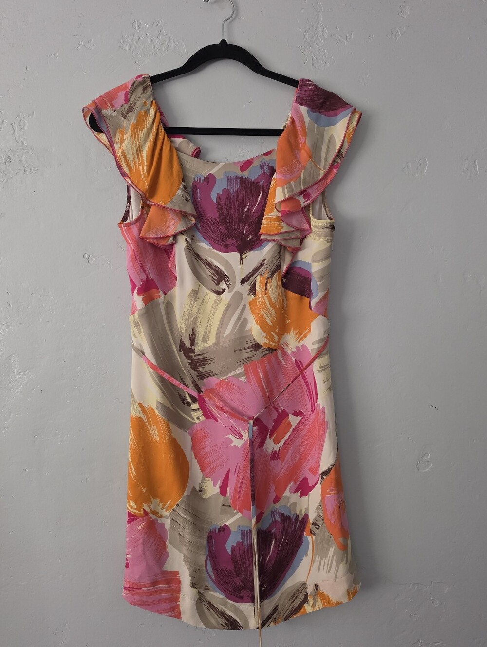 BCBG Sill Floral Ruffle Neck Sleeveless Dress in Pink & Orange
